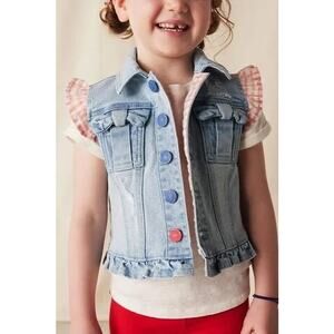 Matilda Jane Girls Genius Denim Vest Size 10 Gingham Ruffle Bow Detail